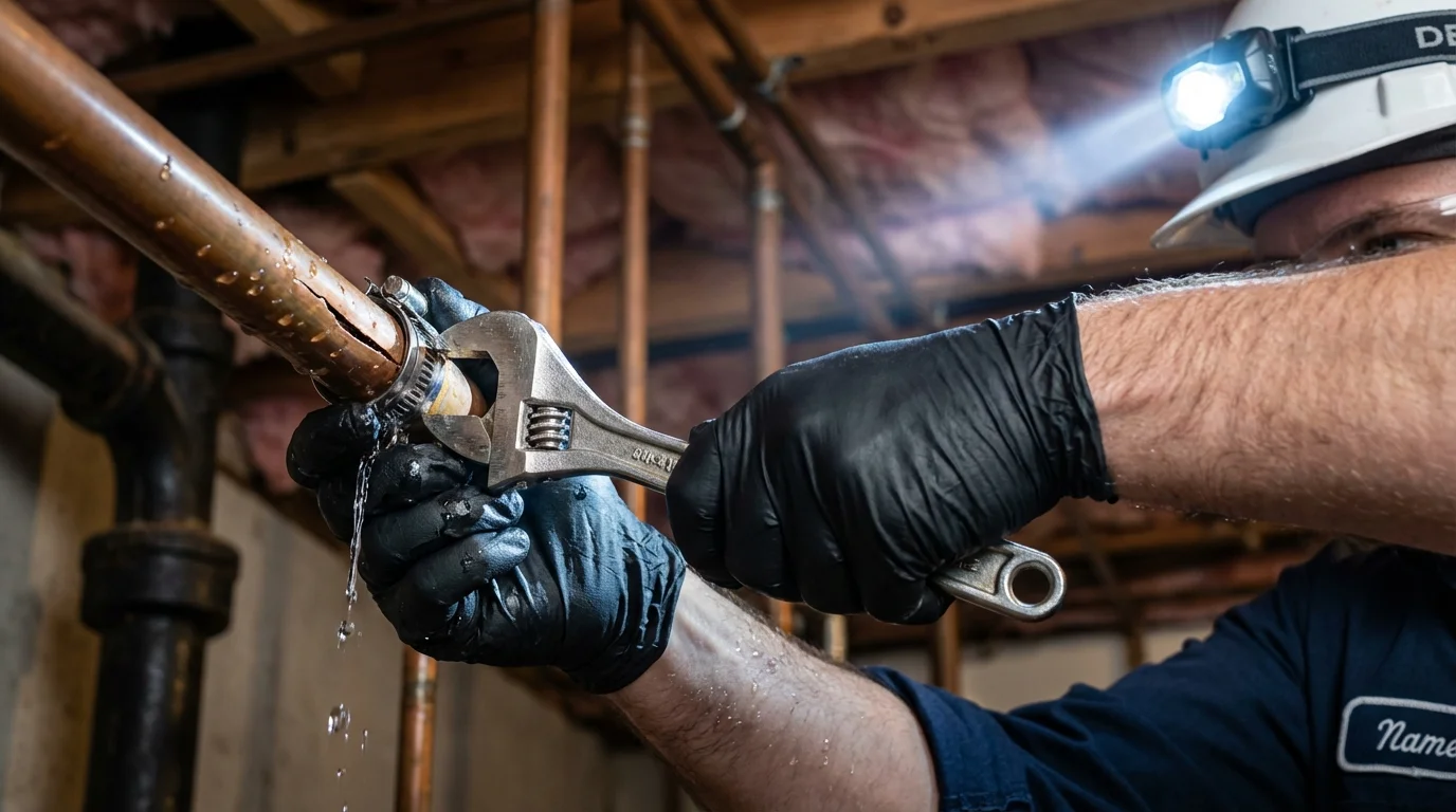 Emergency pipe clamp repair being performed by a Johns Plumbing LLC plumber in DeSoto