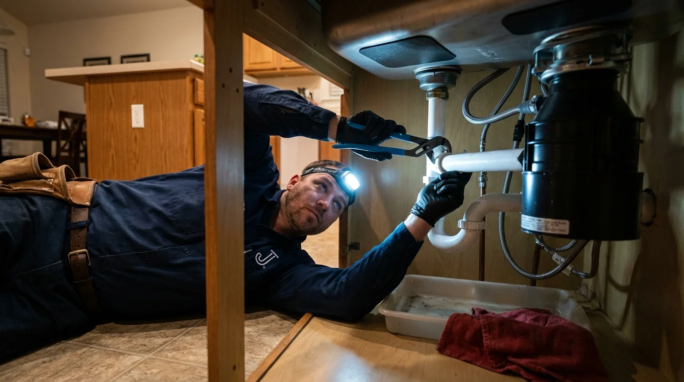 P-trap and supply line connections under a kitchen sink showing a common leak point in DeSoto, TX
